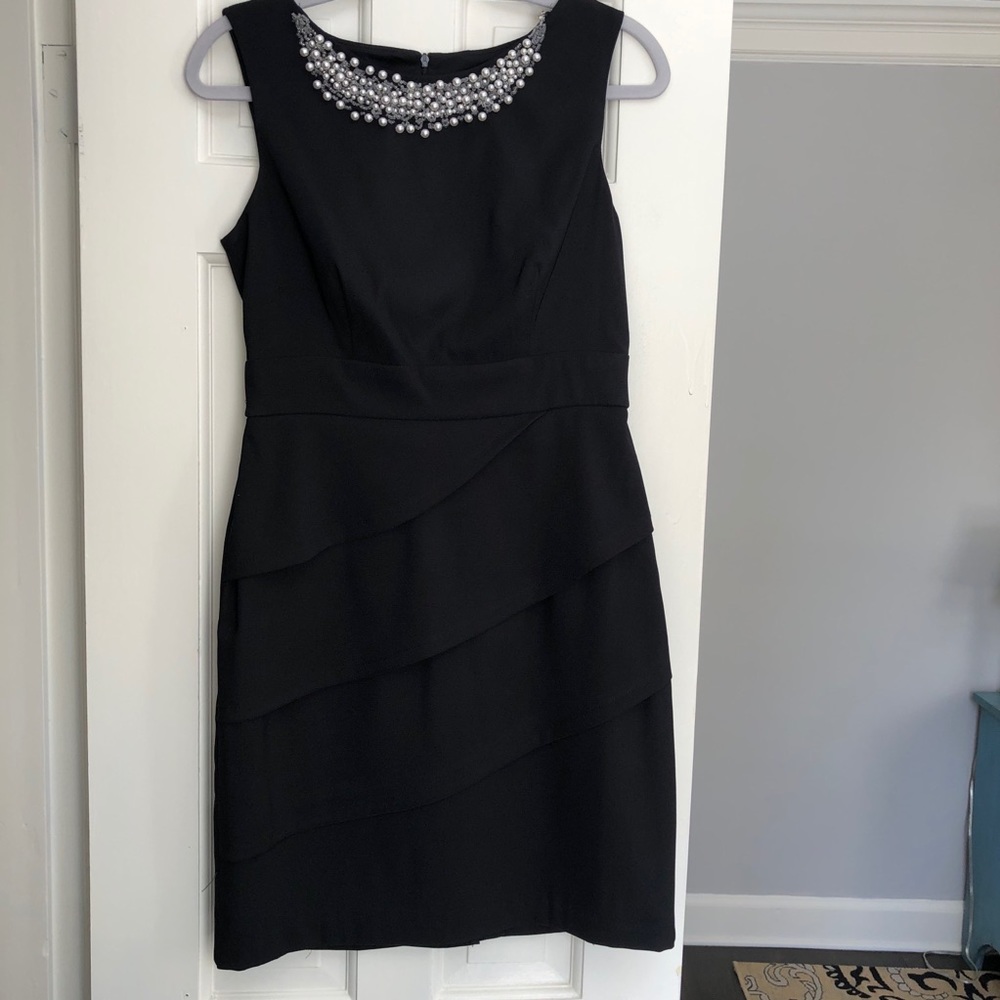Black Sleeveless Knee Length Dress Pearl Neckline